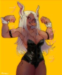 bunny_ears bunnysuit carrot carrot_in_mouth fishnet_legwear guidelli_art miruko my_hero_academia red_eyes rumi_usagiyama white_hair