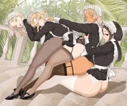 4girls amber_eyes ass ass big_ass big_butt black_eyes blonde_female blonde_hair blonde_hair blonde_hair_female blue_eyes clothed_female clothing female female_focus female_only girls_only girly green_eyes holding_each_other legwear light-skinned_female light_skin looking_at_viewer maid maid_headdress maid_outfit maid_uniform multiple_females multiple_girls pantyhose smiling smiling_at_viewer tan_body tanned tanned_female tanned_girl tanned_skin thick_thighs thighs throtem visible_ass