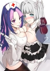 2girls big_breasts blush breasts_pressed_together cleavage eru_nabura female female_focus gloves grey_eyes grey_hair holding_object indie_virtual_youtuber latam_virtual_youtuber light-skinned_female light_skin long_hair looking_at_viewer lowres maid maid_outfit maid_uniform mole mole_on_breast mole_under_eye mole_under_mouth nurse nurse_outfit nurse_uniform on_knees pink_eyes pink_hair ponytail raidenakatsuki shura_hiwa simple_background smiling smiling_at_viewer thighhighs twintails two_tone_hair virtual_youtuber vjin vtuber vtuberfanart white_background