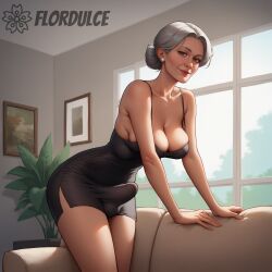 ai_generated brown_eyes cleavage couch covered_penis dress earrings elder elderly elderly_female erection erection_under_clothes erection_under_clothing flordulce futa_only futanari gilf grandmother granny granny_futa grey_hair indoors leaning_forward living_room old_woman seductive seductive_look seductive_smile solo_futa standing