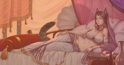 1girls amber_eyes belly belly_dancer black_hair cat_girl cat_tail catgirl character_request dancer egyptian elegant female fruit harem_outfit insant lounging mouse navel pillow royalty skirt voluptuous