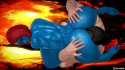 1boy 1boy1girl 1girls 3d 3d_(artwork) ass ass_grab big_ass big_breasts blue-skinned_female blue_skin bob_cut facesitting female female_focus fire fire_on! hands_on_ass head_between_cheeks honey_select huge_ass huge_breasts illusion_soft large_ass large_breasts legs light-skinned_male light_skin lips looking_back low_quality male male/female marvel marvel_comics medium_hair monster_girl muscular_back mutant mystique original_character raven_darkholme red_hair shape_shifter shapeshifter straight streaked_hair supervillainess villainess x-men yellow_sclera