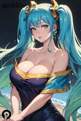 ai_generated aqua_hair bangs bare_shoulders beach blue_hair blush breasts cleavage collarbone dress female hair_ornament large_breasts league_of_legends long_hair looking_at_viewer low_neckline off_shoulder parted_lips pikkiwynn solo sona_buvelle twintails very_long_hair yellow_eyes