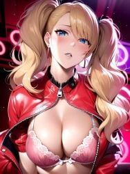 1girls ai_generated ai_mirror ann_takamaki atlus big_breasts blonde_hair blue_eyes blush bodysuit bra breasts earrings female female_only half_body large_breasts long_hair looking_at_viewer medium_breasts megami_tensei multicolored_background open_bodysuit persona persona_5 pink_bra red_bodysuit seductive twintails white_skin zipper