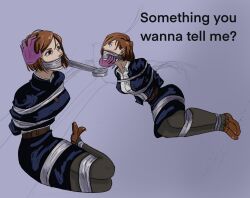 1girls bondage bound english_text female gag gagged human jujutsu_kaisen kugisaki_nobara tape tape_gag text thebondageplug