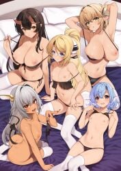 5girls aegis_(takunomi) areolae armpits bed belly_button black_bra black_hair black_panties blonde_hair blue_eyes blue_hair blush bra breasts dark-skinned_female demon_girl demon_horns demon_tail elf elf_ears elf_female elliot_leucosia enjo_kouhai female female_only fins fish_girl green_eyes grey_hair hair_ornament hairclip head_fins horns huge_breasts indoors iris_(takunomi) light-skinned_female light_skin looking_at_viewer monster_girl multiple_girls nipples on_bed oni oni_female oni_horns open_mouth origamine_ouka panties pointy_ears ponytail purple_eyes purple_nails red_eyes small_breasts stockings tail takunomi tan-skinned_female tan_skin ursula_(takunomi) white_stockings yellow_eyes