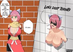 1girls areolae big_breasts blindfold blush female female_only glory_wall green_eyes izuna large_breasts legend_of_the_unemployed_ninja mrdeck ninja nipples pale-skinned_female pale_skin pink_hair short_hair solo speech_bubble text through_wall