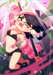 1girls 2d 2d_(artwork) beauty_mark belly_button black_boots black_bra blush callie_(splatoon) dancing earrings fur_coat idol inkling inkling_girl kanzaki_coula looking_at_viewer mole mole_under_eye nintendo octarian_tattoo pole pole_dancer pole_dancing short_shorts shorts skimpy_bikini splatoon splatoon_(series) tagme tattoo thick_eyebrows thin_waist tongue_out yellow_eyes