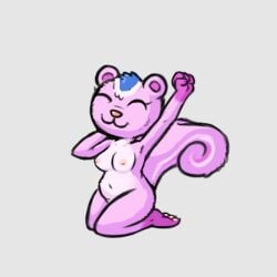 animal_crossing anthro breasts closed_eyes female fur happy mammal nintendo nipples nude nude_female peanut_(animal_crossing) pillowfort pink_body pink_fur pink_nipples raspberry-joe rodent sciurid smile solo squirrel_tail stretching tree_squirrel