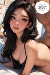 ai_generated all_fours black_hair caption cheating cheating_female cheating_girlfriend cheating_wife cucking_viewer cuckold cuckold_pov english_text eye_contact female female_focus from_behind_position green_eyes implied_penetration implied_sex looking_at_viewer netorare ntr original original_character sex sex_from_behind speech_bubble straight taliredmint text text_bubble uncensored