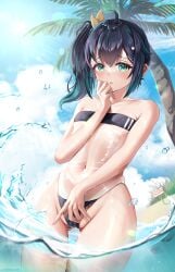 beach belly_button black_hair female female_only green_eyes in_water lilnoot penguin_meeps sea seaside small_breasts