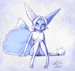 2024 big_ears big_tail blokfort blue_body blue_fur braided_hair breasts canid canine female fennec fox fur gem hair kalta_(blokfort) looking_at_viewer mammal nipples nude simple_background sitting smile solo tail white_body white_fur white_hair