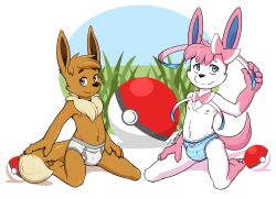 anthro bulge eevee eeveelution furry furry_only kneeling looking_at_viewer male male_only navel nipples pokemon sylveon tonio_(artist) underwear underwear_only young