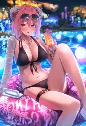 absurdres bandaged_arm bandages bare_legs bikini black_bikini blurry blurry_background blush breasts bun_cover cleavage cup double_bun drink drinking_glass eyewear_on_head female flower front-tie_bikini_top front-tie_top greenkohgen hair_between_eyes hair_bun hair_flower hair_ornament hibiscus highres holding holding_cup ibaraki_kasen innertube jewelry kasen_ibaraki knee_up large_breasts looking_at_viewer medium_hair necklace night outdoors parted_lips pink_eyes pink_hair red_flower side-tie_bikini_bottom sitting solo sunglasses swim_ring swimsuit touhou wet