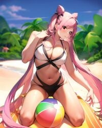 aged_up ai_generated bathing_suit beach beach_ball big_breasts bishoujo_senshi_sailor_moon breasts chibi_usa cleavage double_bun large_breasts long_hair pink_hair princess_lady_serenity swimsuit tagme thick_thighs twintails