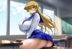 ai_generated alexis_rhodes blonde_hair classroom duel_academy_uniform_(yu-gi-oh!_gx) female huge_ass huge_breasts looking_at_viewer novelai solo thick_thighs yu-gi-oh! yu-gi-oh!_gx