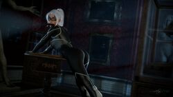 1girls 3d ass atlassfm big_ass big_breasts black_cat_(marvel) blue_eyes breasts cleavage felicia_hardy female female_only large_breasts looking_at_viewer looking_back marvel mask red_lipstick solo spider-man_(ps4) spider-man_(series) teeth white_hair