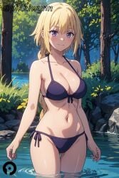 ai_generated bangs bare_shoulders bikini blonde_hair blush braid breasts cleavage collarbone fate/grand_order fate_(series) female halterneck jeanne_d'arc_(fate) jeanne_d'arc_(ruler)_(fate) large_breasts long_hair looking_at_viewer nature navel outdoors pikkiwynn purple_bikini purple_eyes side-tie_bikini_bottom single_braid smile solo swimsuit thighs tree wading water