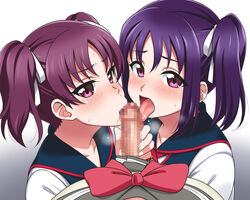 3girls :>= bow censored collaborative_fellatio erection fellatio furrowed_eyebrows futanari hair_ribbon heavy_breathing kazuno_leah kazuno_sarah looking_back love_live! love_live!_sunshine!! mosaic_censoring multiple_girls open_mouth oral penis pink_eyes pleated_skirt pov purple_hair red_bow ribbon school_uniform serafuku siblings side_ponytail sisters skirt sweat teamwork tongue tongue_out twintails white_ribbon youkan