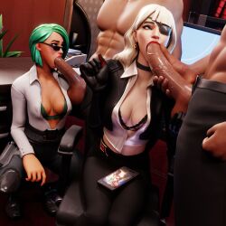 2boys 2girls 3d 3d_(artwork) big_breasts big_penis black_bra blowjob envoy_(fortnite) fondling_balls fortnite fortnite:_battle_royale looking_over_eyewear looking_over_glasses looking_over_sunglasses macklesternsfw office office_lady siren_(fortnite) sunglasses tinted_eyewear