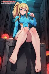 ai_generated barefoot blue_eyes feet foot_fetish foot_focus from_below gamarjobson legs metroid samus_aran sitting toes zero_suit_samus