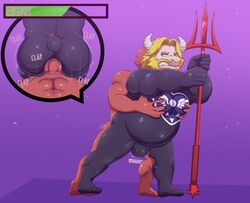 2020 abs anal angry anon anonymous_character anthro asgore_dreemurr ass beard belly big_ass big_belly blonde_hair bodysuit bovid bubble_ass bubble_butt bulge caprine chubby chubby_male delta_rune_(emblem) duo erection facial_hair furry gay genitals goat grabbing_from_behind grabbing_pecs horn hp_bar humanoid_genitalia humanoid_penis male male_only mammal melee_weapon mkcrown moustache muscular muscular_male navel overweight overweight_male penis polearm purple_background round_ass round_butt standing symbol tight_clothing trident undertale unknown_male weapon yaoi