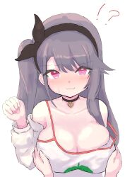 !? 1boy 1girls @_@ alternate_costume azur_lane blush breast_grab breasts caught_off_guard cleavage embarrassed eyebrows_visible_through_hair grey_hair hairband huge_breasts kuzeuriu light-skinned_female light-skinned_male light_skin male_pov northern_parliament_(azur_lane) nose_blush official_alternate_costume pamiat_merkuria_(azur_lane) pamiat_merkuria_(sweet_cherry_memories)_(azur_lane) pink_eyes pov simple_background unexpected white_background