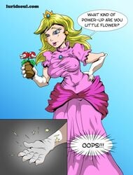 1girls 2koma blonde_hair blue_background blue_eyes breasts chimerella clothed clothing comic crown dialogue dissolving dress female female_focus gloves mario_(series) nintendo nipple_bulge pink_dress piranha_plant plant princess princess_peach simple_background standing tight_clothing