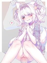 1boy 1girls black_eyes blur_censor blush bottomless censored female_on_top flat_chest heterochromia no.21 penis punishing:_gray_raven pussy robot_girl sex sitting_on_penis tail twintails vaginal_penetration white_hair wolf_ears