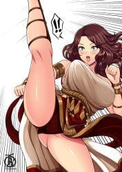 ! !! 1girls ass bare_legs blush brown_hair dancer dancer_(three_houses) dancer_outfit dorothea_arnault female female_only fire_emblem fire_emblem:_three_houses green_eyes kicking large_breasts long_hair long_legs nintendo open_mouth panties pantyshot pantyshot_(standing) revolverwingstudios solo source_request speech_bubble thick_thighs thighs tongue underwear