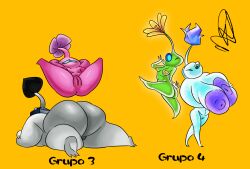 4girls arms_behind_back big_areola chubby female flying glow_pikmin glowing group huge_ass huge_breasts ice_pikmin knsao looking_at_viewer multiple_girls nude pikmin pikmin_(species) pressing_breasts_together rock_pikmin size_difference winged_pikmin wink