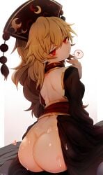 ? absurdres ass back black_dress black_headwear chinese_clothes cum cum_on_body dress female fingernails hagure_kedama highres junko_(touhou) long_fingernails long_hair long_sleeves looking_at_viewer nail_polish orange_hair phoenix_crown red_eyes red_nails sharp_fingernails solo spoken_question_mark touhou wide_sleeves