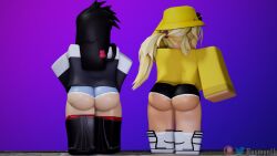 2girls 3d abigail_(rusmynth) artist_name ass ass_focus back_view clothed clothing fully_clothed_female gradient_background iris_(rusmynth) original_character roblox robloxian rusmynth shorts source_request tagme twitter_username watermark