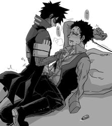 2boys atsuhiro_sako blush bondage clothed clothed_bondage clothes clothing dabi drooling duo frottage frottage_through_clothing fully_clothed gay hands_behind_head male male/male male_only missing_arm mr._compress my_hero_academia riding sako_atsuhiro sweat todoroki_touya touya_todoroki unoirhero yaoi