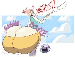 2girls amethyst_(steven_universe) ass ass_bigger_than_head ass_built_separately ass_cleavage ass_expansion ass_focus backboob breasts butt_crack butt_expansion cartoon_network clothed clouds da-fuze female female_focus female_only gem_(species) hyper hyper_ass large_ass looking_at_ass looking_back no_underwear ok_sign pearl_(steven_universe) pink_hair purple_hair purple_skin shortstack spear steven_universe white_skin yelling