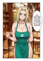 ai_generated apron_only barista employee employee_uniform female_only iced_latte_with_breast_milk naked naruto naruto_(series) naruto_shippuden nude nudity starbucks tsunade