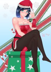 alelib_art bare_shoulders christmas christmas_outfit holding_object mistletoe_above_penis no_shoes pants smirk thighs yelan_(genshin_impact)