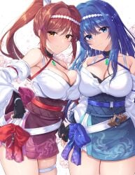 2girls alternate_costume asymmetrical_docking awayuki_ramika black_gloves blue_eyes blue_hair blush breast_press breasts caeda_(fire_emblem) chest_jewel cleavage commentary_request commission core_crystal_(xenoblade) cosplay crossover detached_sleeves female female_only fingerless_gloves fire_emblem fire_emblem:_mystery_of_the_emblem fire_emblem:_shadow_dragon_and_the_blade_of_light glimmer_(xenoblade) glimmer_(xenoblade)_(cosplay) gloves highres large_breasts long_hair looking_at_viewer multiple_girls nintendo obi ponytail red_hair sash skeb_commission smile thighs very_long_hair white_background xenoblade_chronicles_(series) xenoblade_chronicles_3 yellow_eyes