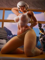 1boy 1boy1girl 1girls 3d aphrodite_(fortnite) arm_up bare_shoulders big_breasts black_hair blush breasts clothed clothed_female epic_games female female female_focus fortnite fortnite:_battle_royale lipstick looking_at_viewer midas_(fortnite) nipples_visible_through_clothing on_knees painted_nails raviana_brwl red_lipstick see-through_clothing short_hair tagme tan_skin thick_thighs thighs translucent_clothing white_hair