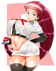 1girls abs alternate_breast_size belly big_breasts breasts eye_contact female female_only human jessie_(pokemon) long_hair looking_at_viewer mature_female midriff navel nintendo ojigimn pokemon pokemon_rgby ponytail red_hair solo thick_thighs wide_hips