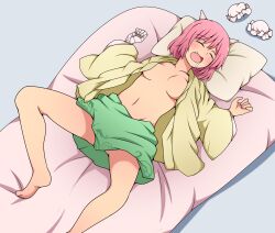 alternate_breast_size bandaged_arm bandages barefoot breasts closed_eyes collarbone drooling futon green_skirt highres horns ibaraki_kasen kasen_ibaraki lying navel no_bra oerba_yun_fang on_back on_bed on_pillow oni_horns open_clothes open_mouth open_shirt pillow pink_hair skirt sleeping small_breasts solo suwaneko touhou