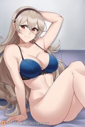 1girls arm_behind_head arm_support aslindsamure bangs bare_legs bare_shoulders blue_bra blush bottomless bra breasts brown_hair cleavage closed_mouth collarbone corrin_(fire_emblem) corrin_(fire_emblem)_(female) fire_emblem fire_emblem_fates hair_between_eyes hair_ornament hairband highres large_breasts long_hair looking_at_viewer naked_from_the_waist_down nintendo pointy_ears red_eyes sitting smile thighs underwear