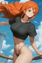 1girls ai_generated amiral_ai artist_name bangs big_breasts breasts brown_hair clothing cloud collarbone crop_top eyelashes female female_focus female_only g-string highleg highleg_panties highres hips human large_breasts lips long_hair looking_back nami nami_(one_piece) navel one_piece orange_hair panties pinup revealing_clothes skimpy smile solo solo_female t-shirt thighs thin_waist thong voluptuous watermark