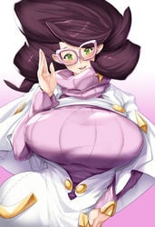 1girls aether_foundation alternate_breast_size artcation big_breasts black_hair bursting_breasts clothed eye_contact female female_only frizzy_hair glasses green_eyes human long_hair looking_at_viewer mature_female nintendo nipples nipples_visible_through_clothing pokemon pokemon_sm solo wicke_(pokemon) wide_hips