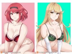 2girls aslindsamure blonde_hair bra female female_only heroine lingerie multiple_girls mythra nintendo panties pin_up pyra red_eyes red_hair super_smash_bros._ultimate underwear xenoblade_(series) xenoblade_chronicles_2 yellow_eyes