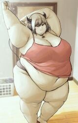 bbw belly_overhang big_belly big_breasts cow_girl cow_horns cowbell double_chin fat_arms outgrowing_clothes presiart sequence thick_thighs weight_gain white_hair