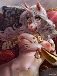 1girls anthro areolae blue_eyes breasts equine female female_only gold gold_jewelry jewelry levelviolet long_hair looking_at_viewer lying makeup miorjah_(pandsky) nipples nude pillow ring sitting sofa solo sparkle tattoo unicorn white_body white_fur white_hair