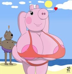 2024 adult adult_female adult_version areola areola_slip ass ass beach big_ass big_breasts big_butt bikini boner boner_in_pants breasts canine fat_ass mammal mammal_breasts nipple_slip nipples peppa_pig peppa_pig_(character) pig pink_nipples pink_skin sling_bikini solandgamer75