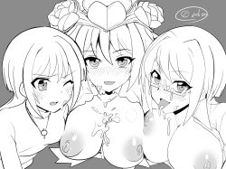 3girls ahsha_(cardfight!!_vanguard) anjou_tokoha black_and_white blush blush blush_lines breasts cardfight!!_vanguard cardfight!!_vanguard_g cum cum_on_body cum_on_breasts cum_on_face cum_on_glasses cum_on_tongue dual_persona duplicated_character glasses large_breasts nipples oda_koziki older_and_younger_self small_breasts