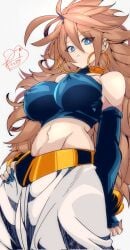 1girls 2023 android android_21 android_21_(human) arc_system_works armpits bandai_namco belly_button big_breasts blue_eyes bracelets brown_hair brown_hair_female brunette brunette_hair dragon_ball dragon_ball_fighterz ear_piercing earrings elbow_gloves fanart female female_focus female_only gold_jewelry gold_trim heels long_hair looking_at_viewer messy_hair nipples nipples_visible_through_clothing omochi_db solo solo_female solo_focus voluptuous voluptuous_female vomi_(dragon_ball)